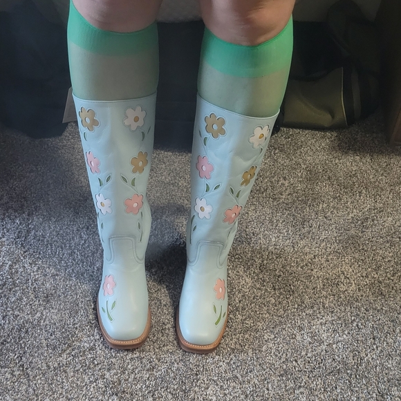 Anthropologie Light Blue Leather Floral Mid-Calf Heeled Boots - Picture 9 of 9